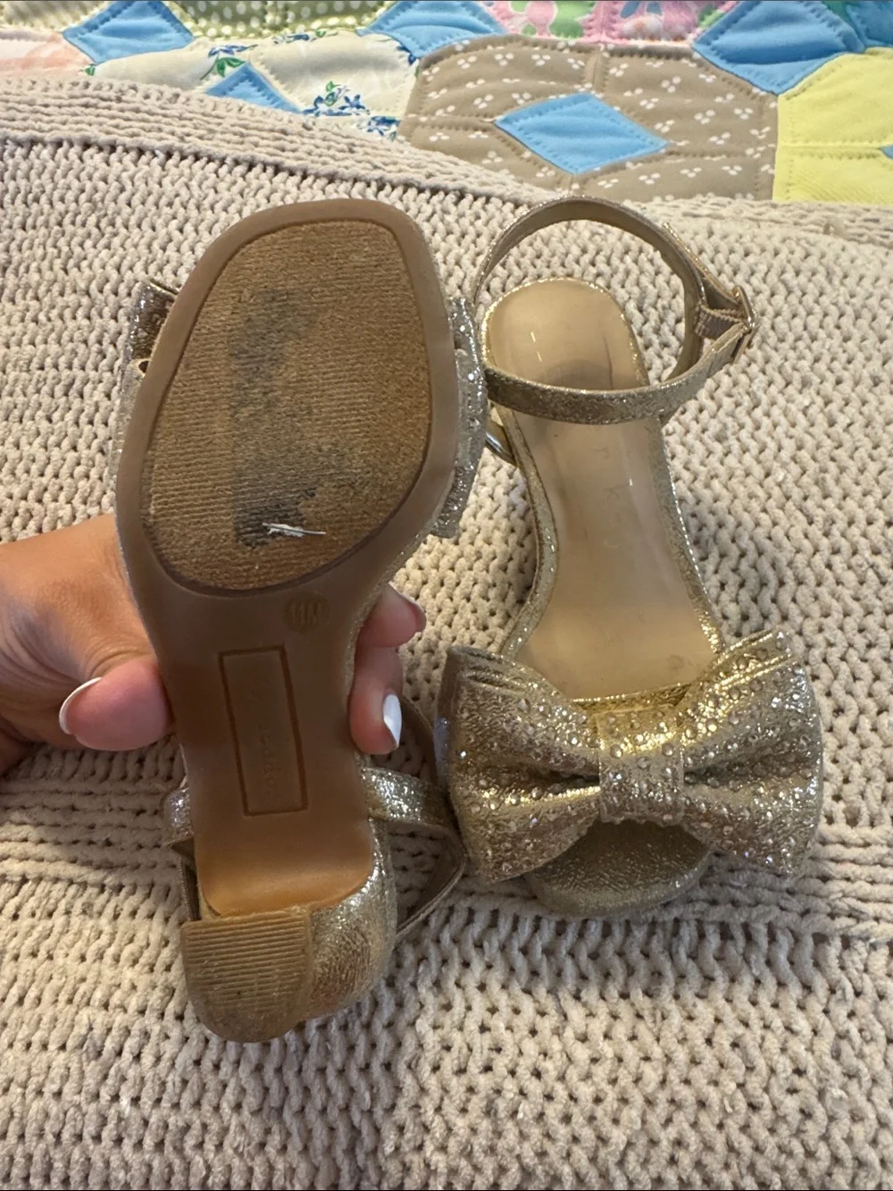 Copper Key Gold Glitter Bow Ankle-Strap Sandals